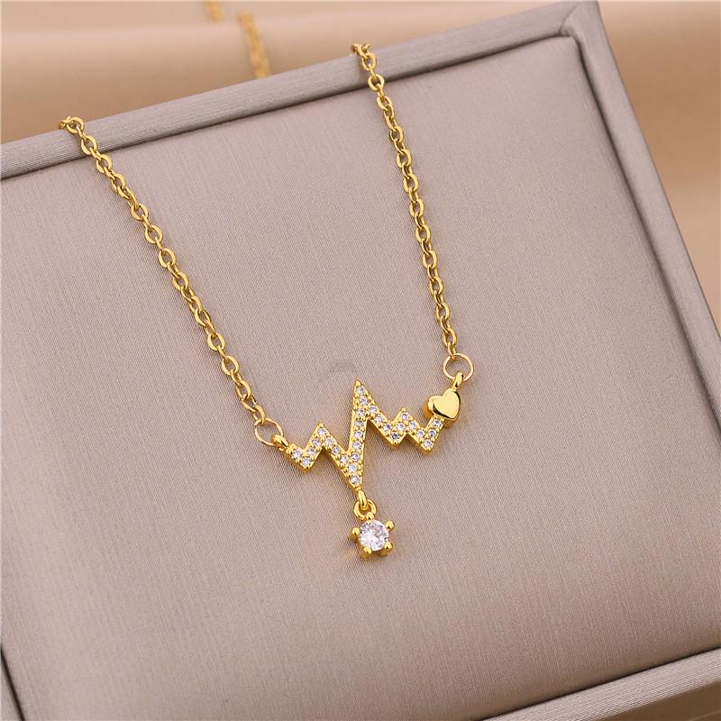 

Pendant Necklaces Korean Style ECG Of Love Crystal Necklace For Women 2021 Trendy Stainless Steel Clavicle Chain Female Wedding Jewelry, Silver