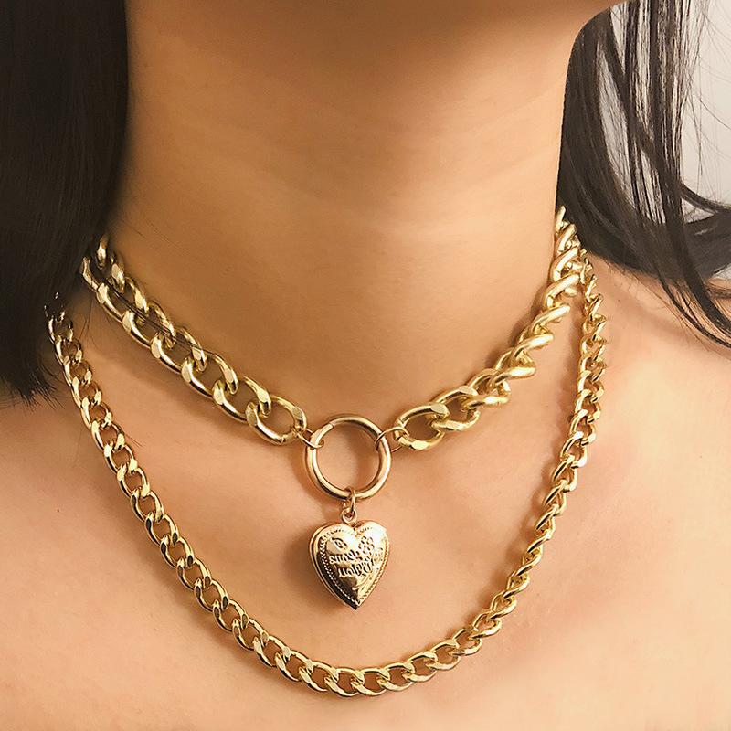 

Exaggerated punk metal heart-shaped necklace ladies thick chain multi-layer necklace gift charm hip-hop gothic collar jewelry