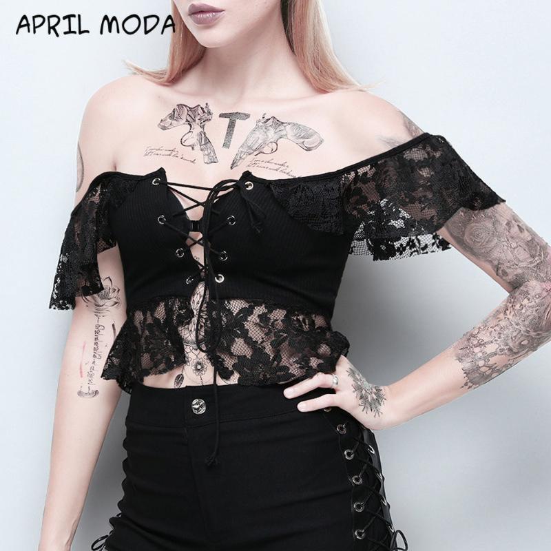 

Vintage Goth Girl T-shirts Women Retro Lace Patchwork Short Sleeve Lacing Top Tees Gothic Street Punk Summer Black T-Shirt New