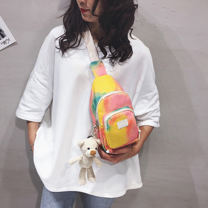 

Colorful chest bag, female fashion printed one-shoulder cross-body bag, cute bear pendant sports cycling bag mini mobile phone bag, studen, Blue