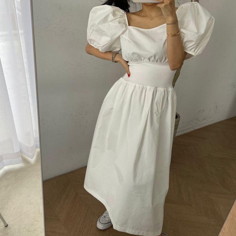 

Casual Dresses Women Summer Dress Cotton Bubble Sleeve Solid Chic Party Square Neck High Waist Elegant Vestido 13999, Black;gray