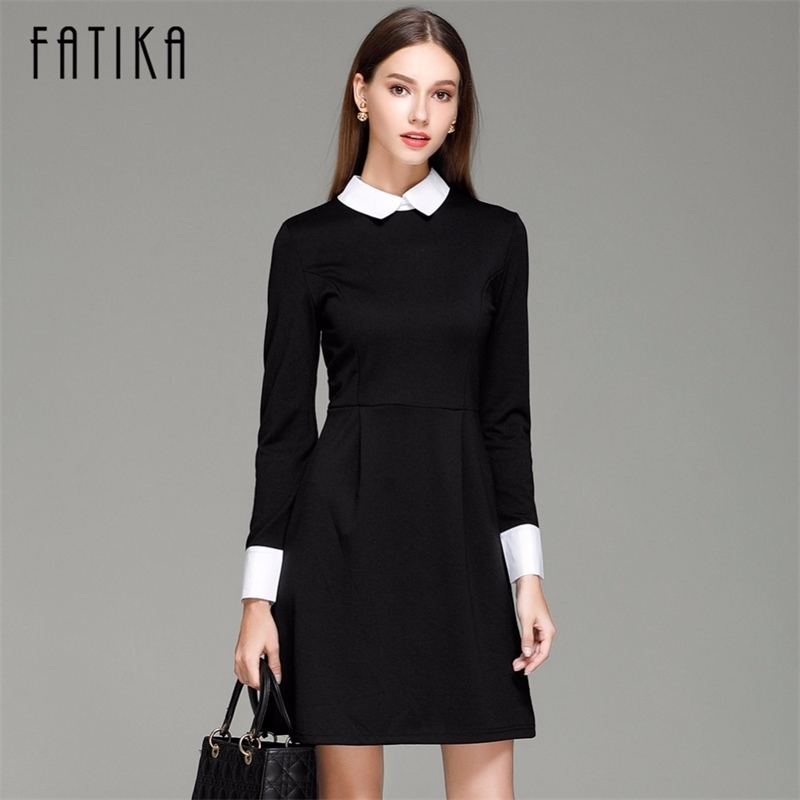 

FATIKA Fashion Autumn Winter Women' Elegant Casual Dress Slim Peter pan Collar Collar Long Sleeve Black Dresses for Women Y200120