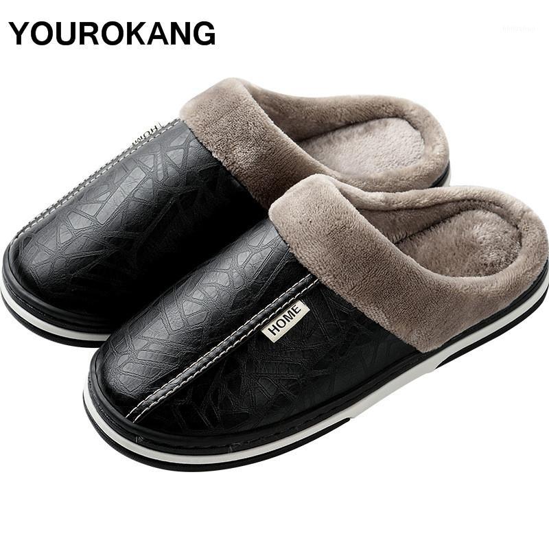 

Couple Home Slippers Winter PU Leather Women Plush Slippers For Lovers Plus Size Indoor Warm Furry Soft Floor Female House Shoes1, Pink 1