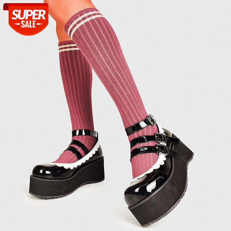 

RIBETRINI Big Size 43 Female Mary Janes Thick Bottom Buckle High Wedges Shoes Women Pumps Cosplay Lolita Platform Gothic Pumps #k30E, Black