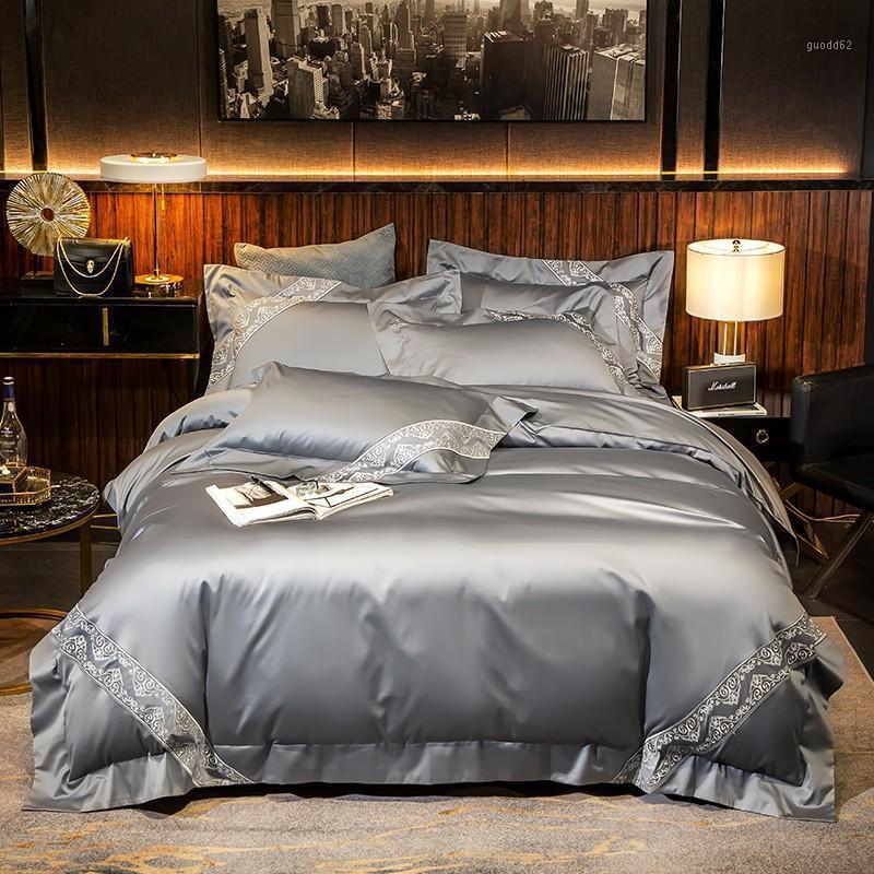 

47 1000TC Egyptian Cotton Silver Grey High End Quality Duvet Cover Set 4Pcs Soft Queen King size Bedding set Bed Sheet1, Color 1