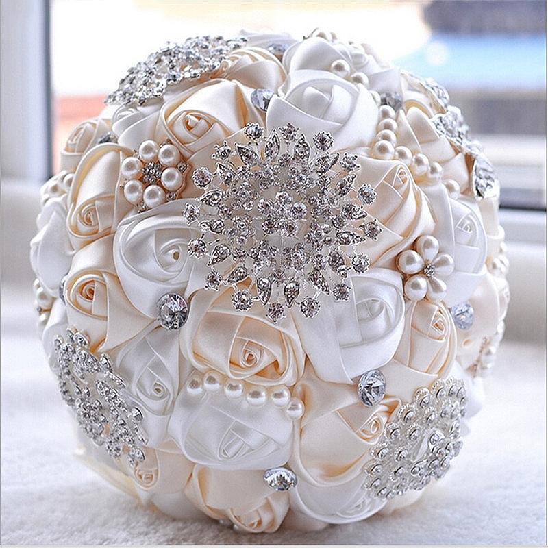 

White Bridal Wedding Bouquet de mariage Pearls Bridesmaid Artificial Wedding Bouquets Flower Crystal buque de noiva 2021, Pink