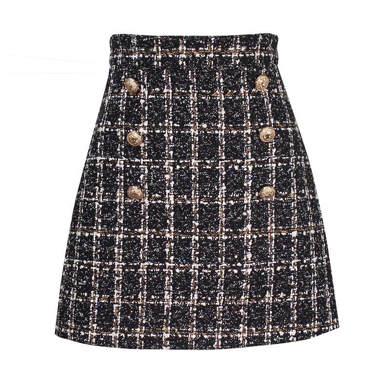 

Autumn Winter Mini Tweed Skirt Women Sexy Plaid Skirts Ladies Fashion Korean High Waist Double Breasted skirt Y200326, Black