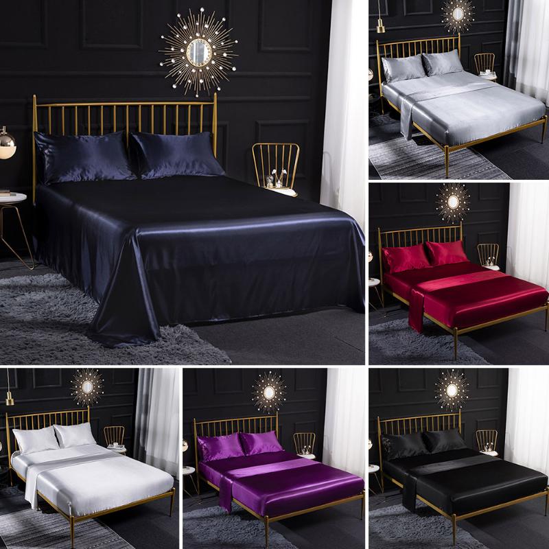 

4pcs Easy Clean Bedding Silky Smooth Satin Sheets Set Home With Pillowcase Wrinkle Free Deep Pocket Solid Hotel Fitted Cover, White