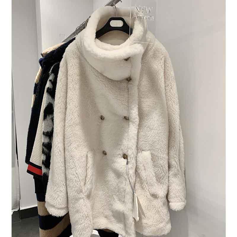 

Cosmicchic 2020 Winter Coat Women Teddy Bear Stand Collar Pure White Double Breasted Alpaca Wool Fur Above Knee Jacket Outwear