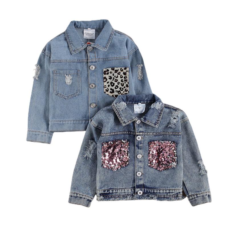 

Kids Baby Girls Jeans Coat Sequin Leopard Pocket Ripped Hole Patchwork Fashion Denim Jackets Spring Autumn Outerwear 1-6Years, B sequin pocket
