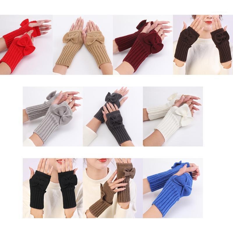 

Winter Crochet Knitted Fingerless Gloves with Thumb Hole Women Solid Color Cute Bowknot Stretch Half Fingers Mittens Arm Warm1