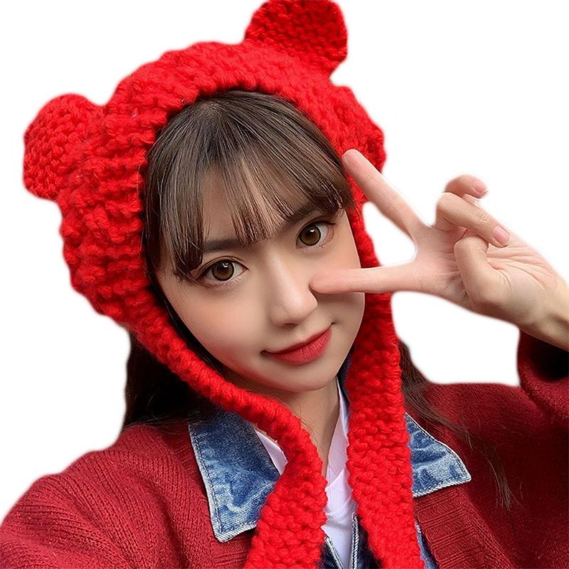 

Women Cute Cat Ears Knit Beanie Hat Solid Color Chunky Crochet Warm Earflap Cap M5TE, Black