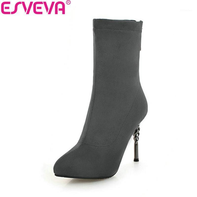 

ESVEVA 2020 Women Shoes Stretch Fabric High Heels Winter Shoes Ankle Boots Zipper Western Style Thin Heel Woman Size 34-431, Gray