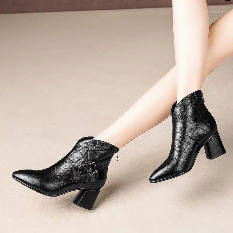 

2020 New Women's High Heels boots Pu Shoes woman Pointed Toe Solid color Rear zipper fashion Women's Winter boots Size 35-401, Black 7 cm