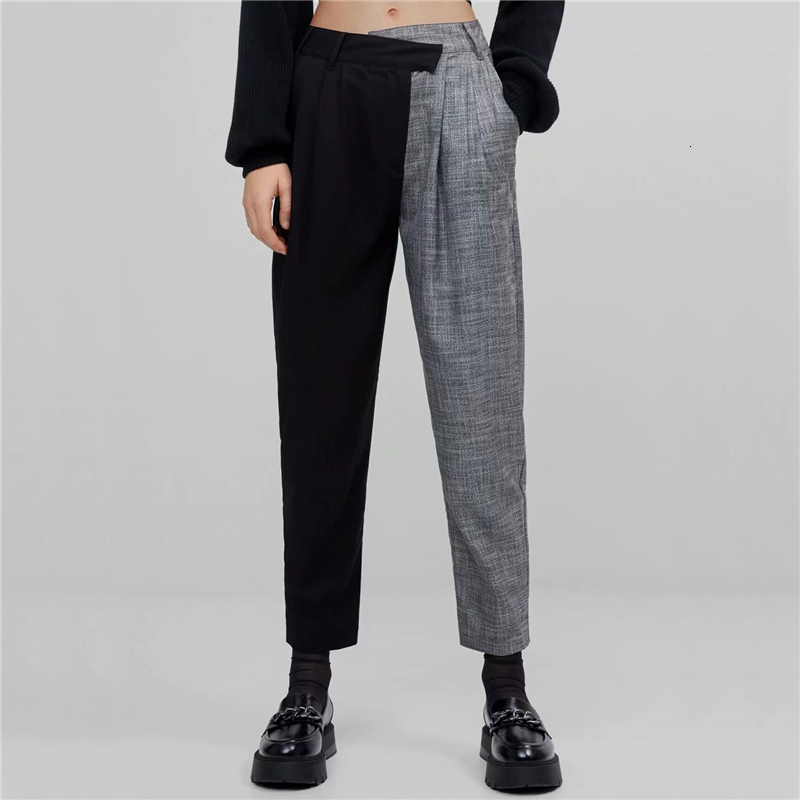 

2021 New Elegant Women Black Grey Patchwork Ankle-length Pants Fashion Ladies Straight Trousers Streetwear Female Chic Pocket Pant 6448, Black and grey