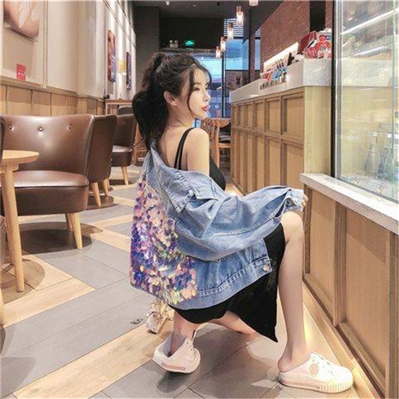 

Mermaid sequins splice loose denim jacket high street girls party jeans coats 2020 new female nightclub outwear JGGN, Silver