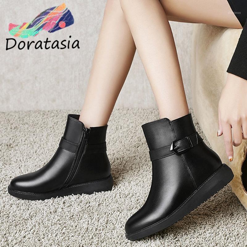 

DORATASIA Genuine Leather Women Fashion Classic Shoes Designer Boots Women Brand Buckle Black Zipper Ankle Boots1, Black wool