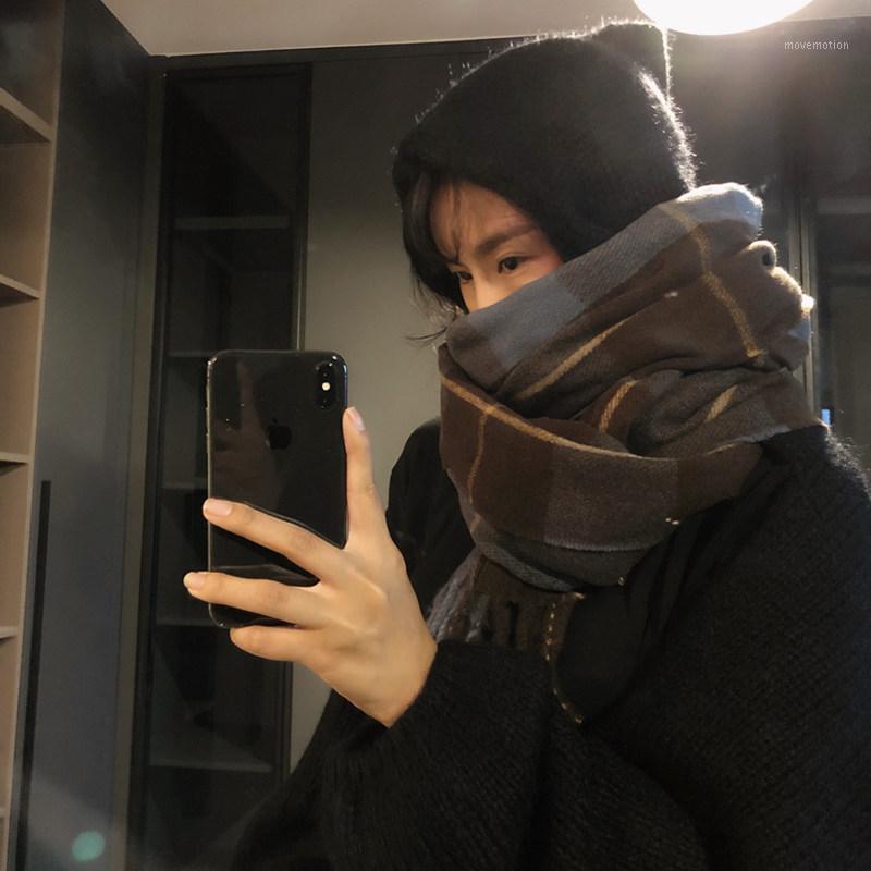 

[EWQ] Women Fashion Splicing Plaid Tassel Imitation Cashmere Scarf Autumn Winter Warmth All-match Long Shawl Dual-use 3AC3201