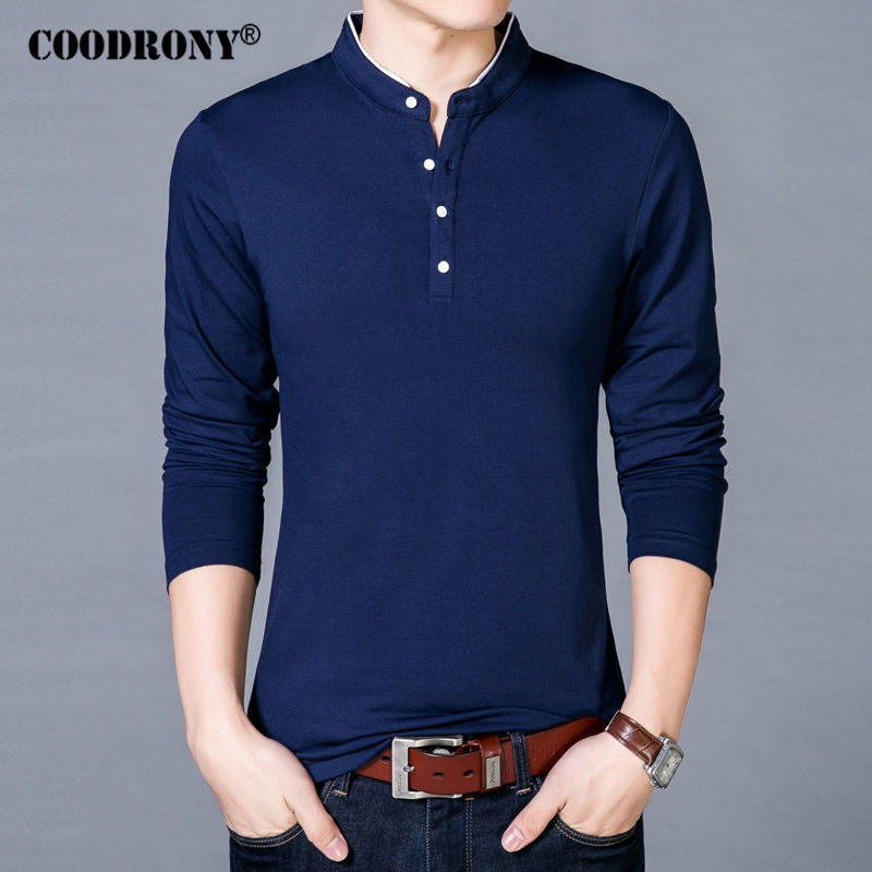 

COODRONY T-Shirt Men Spring Autumn New Cotton T Shirt Men Solid Color Chinese Style Mandarin Collar Long Sleeve Top Tee 608 201203, Gray