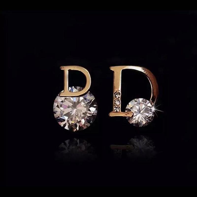 

European and American personality shiny D Letter Asymmetric Earrings Sexy Party Stud Earrings fashion Cubic Zircon lady