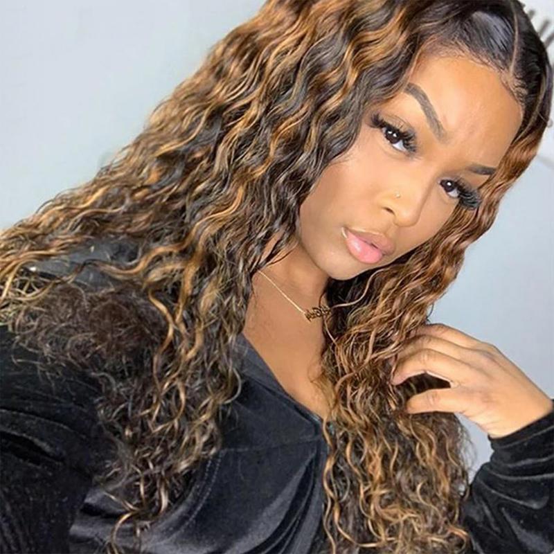 

Curly Human Hair Wig Honey Blonde Ombre 13x1 Brazilian Brown Color Deep Water Wave Highlight Lace Front Wigs, As pic