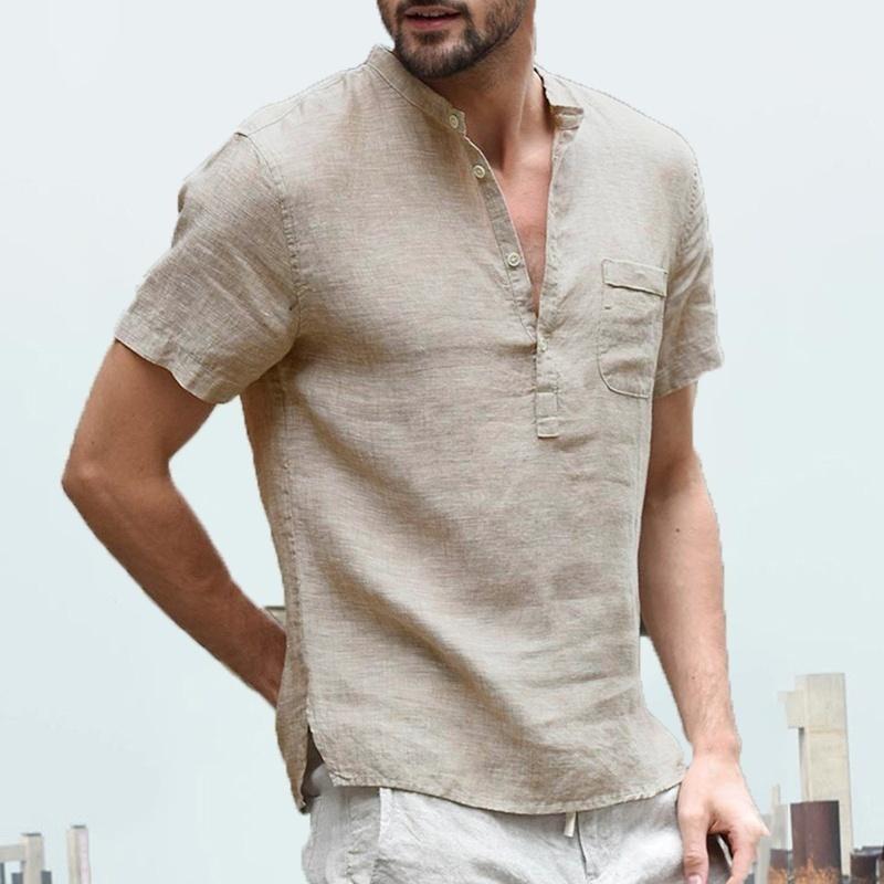 

ZOGAA Men Shirts Summer Short Sleeve V-neck Casual Shirts Linen Solid Soft Loose Shirt Male Single-breasted High Quality Tops, Green