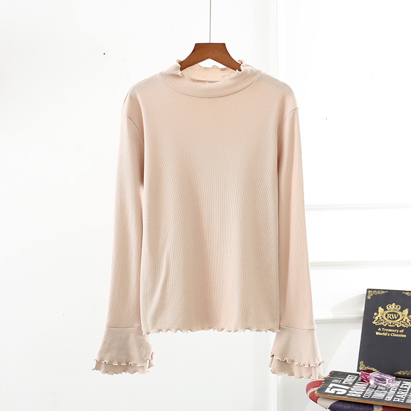 

2021 New Lotus leaf women's high collar polyester casual sleeve cotton base Korean lace shirt Autumn F0W6, Black