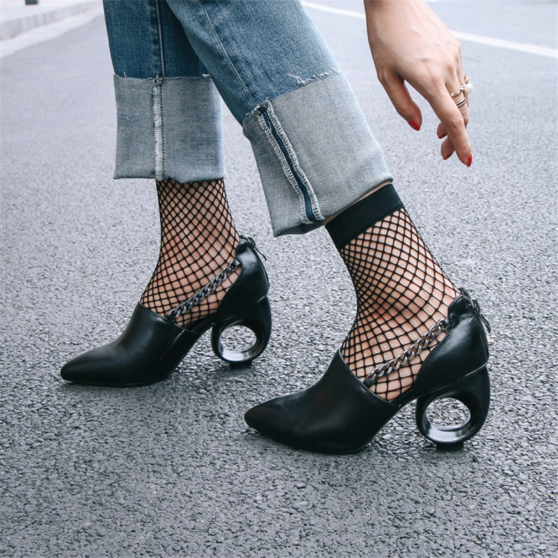 

Punk Women's Hollow Black Pumps Fashion Genuine Leather Retro Office Ladies Spring Shoes Bzzc