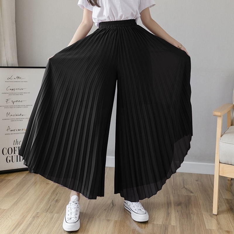 

Fashion Summer New Loose Pleated Chiffon Skirts Pants Women' Ninth Pants High Waist Vertical Plus Size Skirt Pants 90H 201109, Purple