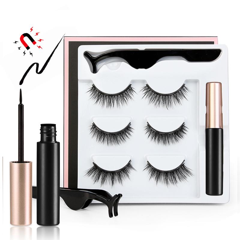 

Hot 3D Mink Magnetic False Eyelash extension Magnet Eyeliner Waterproof Liquid Fake Eyelash & Tweezer Set magnetic Makeup Tool
