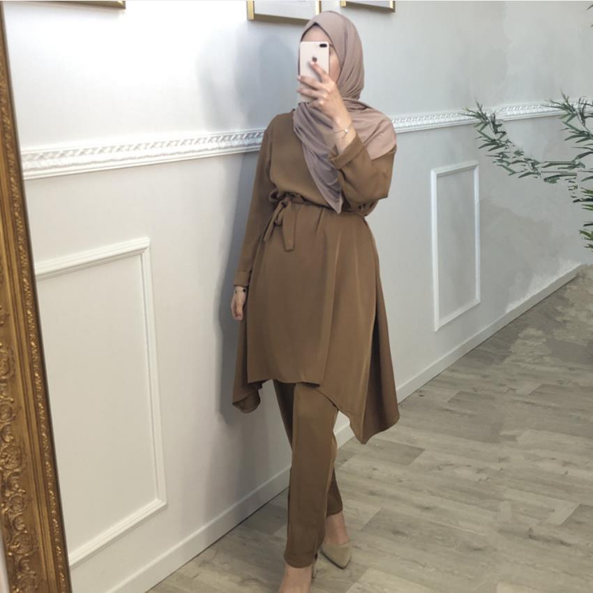 

2 Moslem suits hijab female Muslim kaftan grotesque Islamic clothes maten dames kleding set femme mussulmane f1701, The black scarf