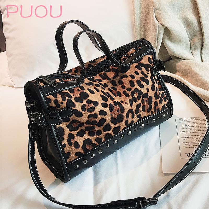 

Leopard totes handbag Women Scrub shoulder bag Rivet Fashion 2020 Patchwork crossbody bag new zipper High capacity solid handbag, Black