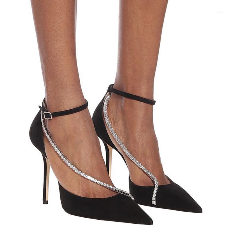 

2020 Crystal Pointed Toe Pumps Shoes Rhinestones High Heels Shoes Women Sexy Fashion Ladies Women Bling Bling Sandalias Mujer1, Black flat