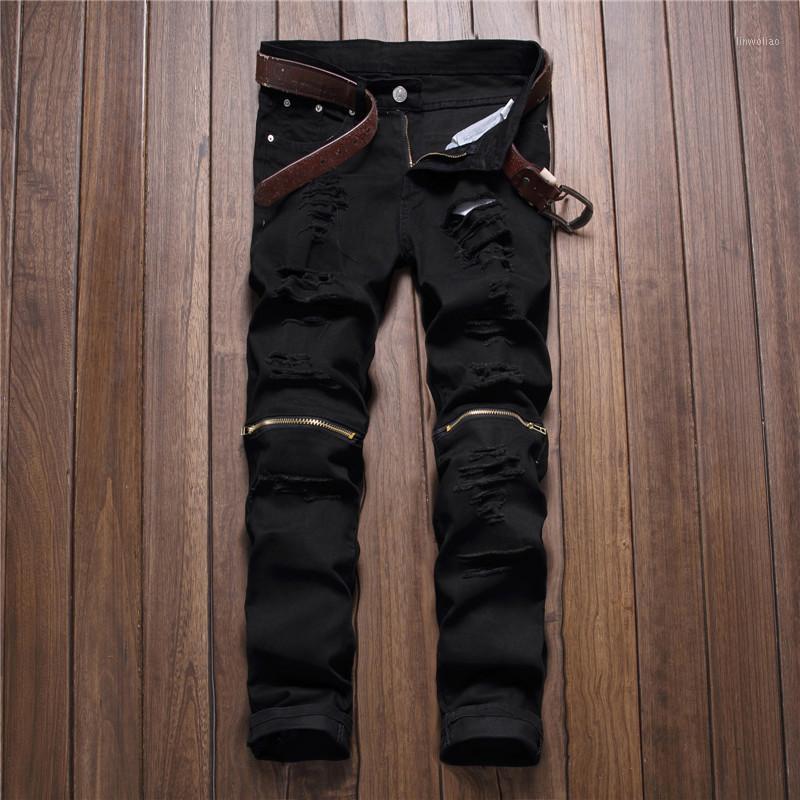 

Wholesale-2016 New Fashion Mens Black Colour Ripped Stretch Jeans Slim Fit Pencil Biker Jean Trousers With Holes And Zipper1