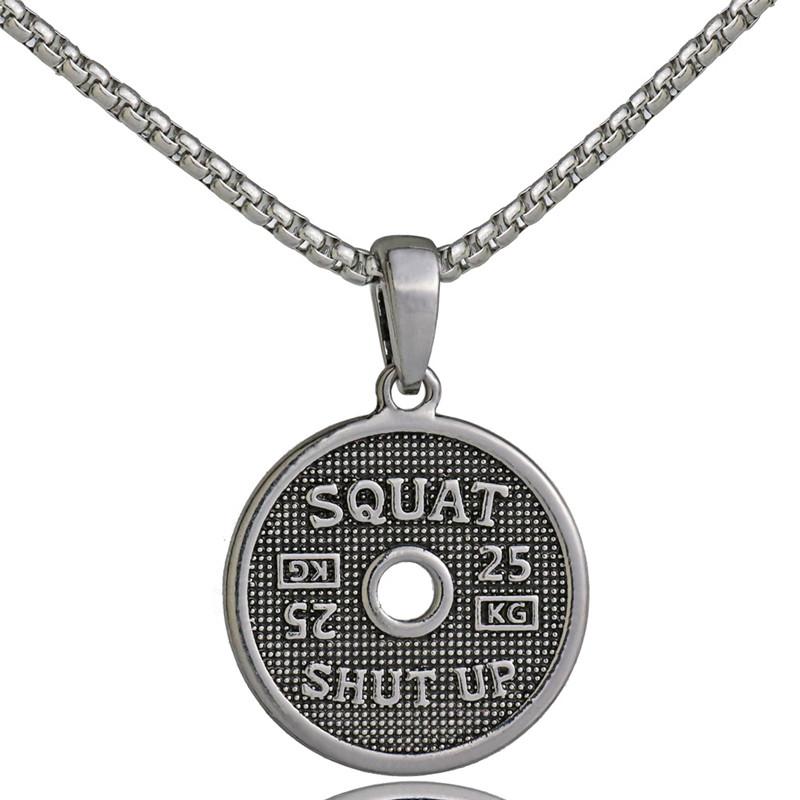 

Men Fitness Weight Plate Necklace Pendant Stainless Steel Chain Bodybuilding Dumbbell Barbell Gym Necklace Charm Fitness Jewelry, Silver