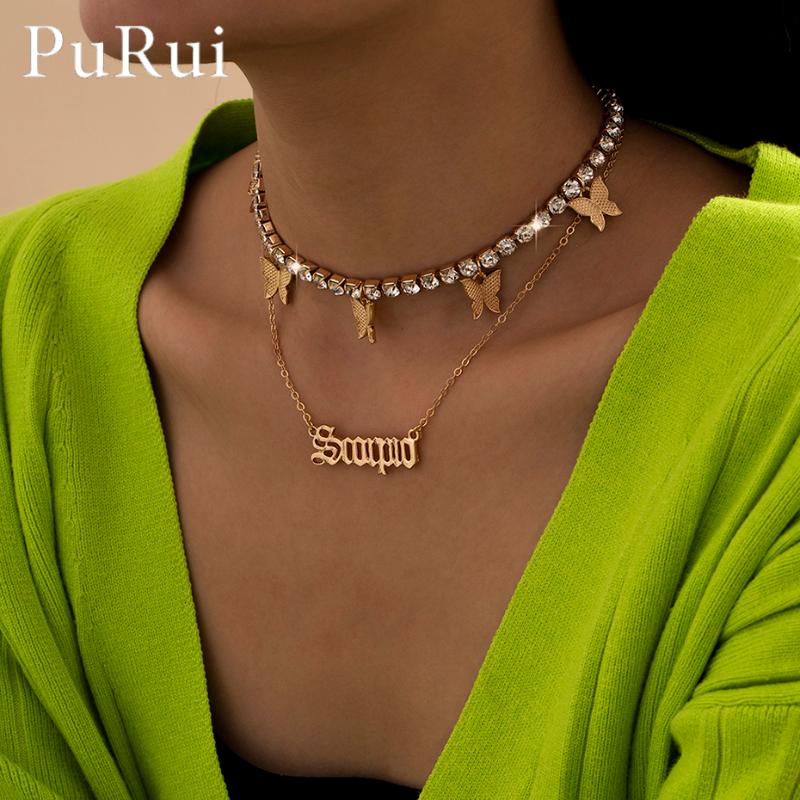 

Chokers PuRui Bling Iced Out Rhinestone Butterfly Choker Necklaces For Women Girl 2021 Letter Pendants Constellation Necklace Jewelry