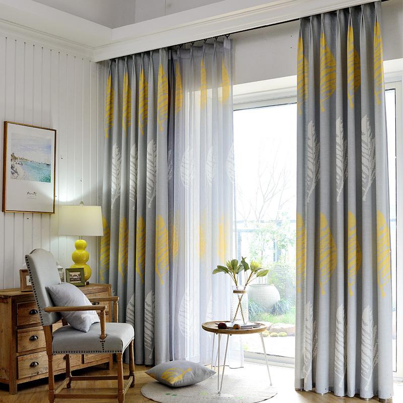 

American Country Style Plantain Leaves Curtains For Living Room Window Tulle Grey Semi-shade Curtain Bedroom White Yellow Fabric, 1pc tulle