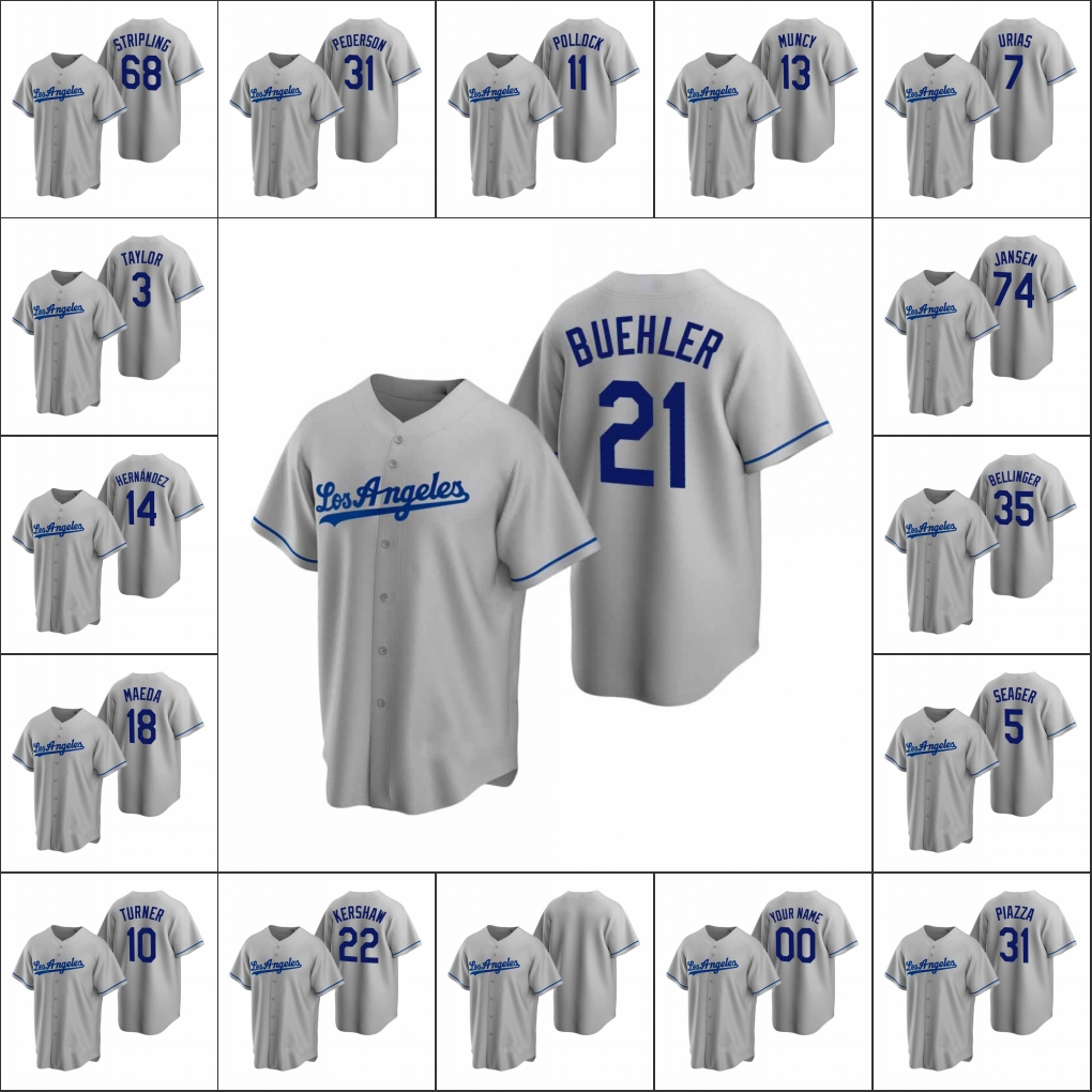 

Los Angeles Dodgers #21 Walker Buehler 14 Enrique Hernandez 13 Max Muncy Men Women Youth Custom Gray Replica Road Jersey, Black