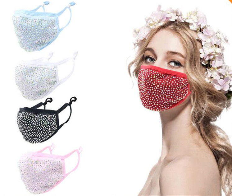 

Colorful Diamond Cotton Face Masks Bling Bling Protective fashion Mouth Masks Washable Reusable Women Rhinestones Face Mask buy dhl