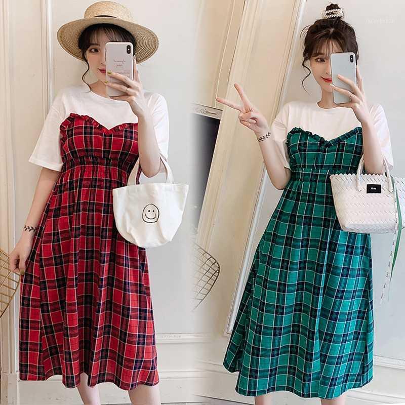 

Korean Style Pregnant Women A-Line Dress Cotton And Linen Patchwork Short Sleeve Maternity Empire Dress Pregnancy Plaid Clothes1, Green