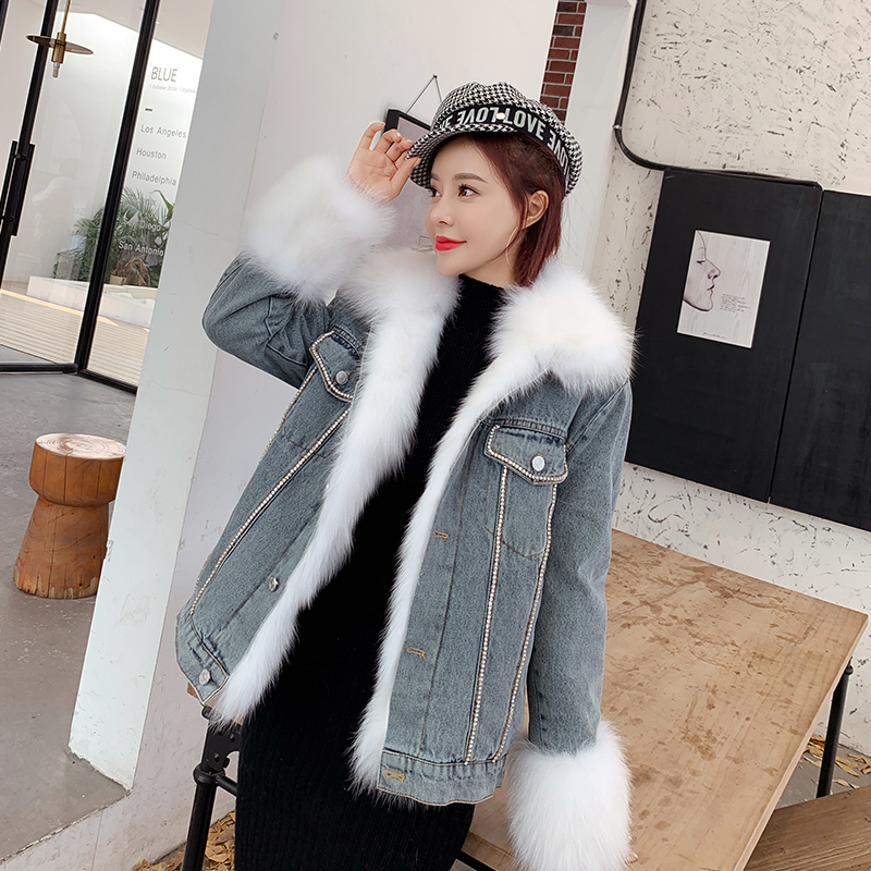 

New Winter 2020 Ladies Fox Fur Coat Denim with Crystal Thickening Warm Multicolored Female Women's Jacket K2lb, Grey light