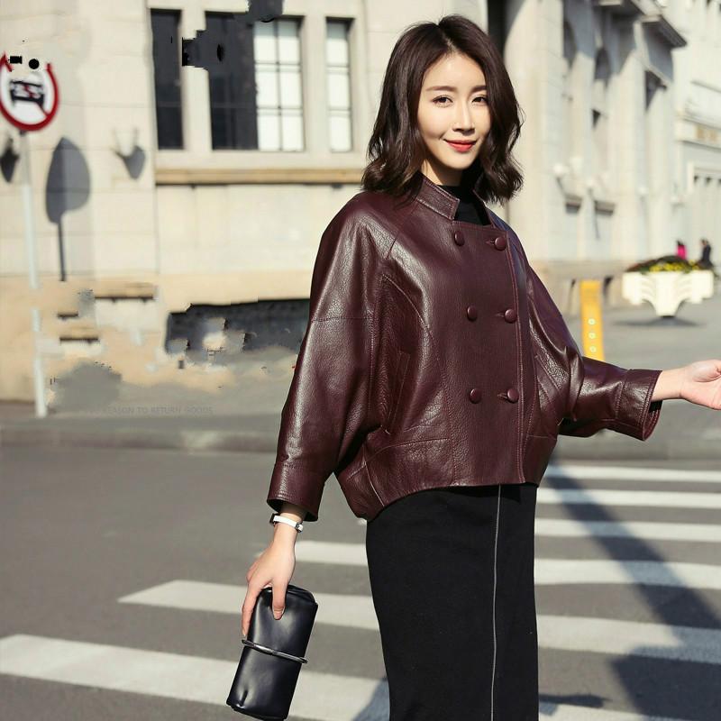

Real Genuine Leather Jacket Woman Sheepskin Jacket 2020 Spring Leather Biker Batwing Sleeve Jackets Korean Coat WQT170, Black