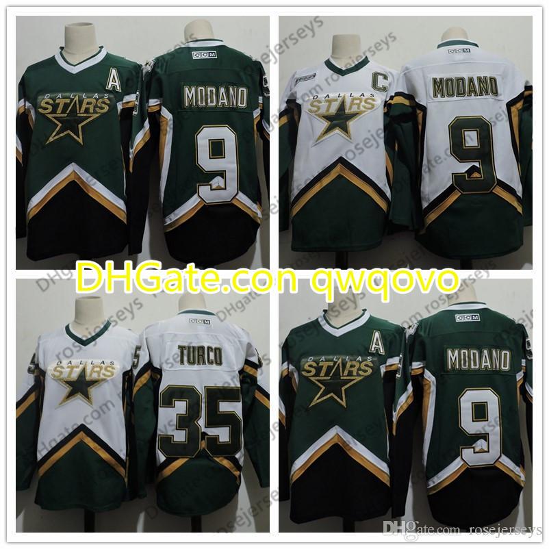 

Men's Dallas Stars #9 Mike Modano 2005 Green White Vintage Jersey #35 Marty Turco 2003 CCM Home Stitched Retro Hockey Jerseys Size S-4XL, 9 mike modano green vintage