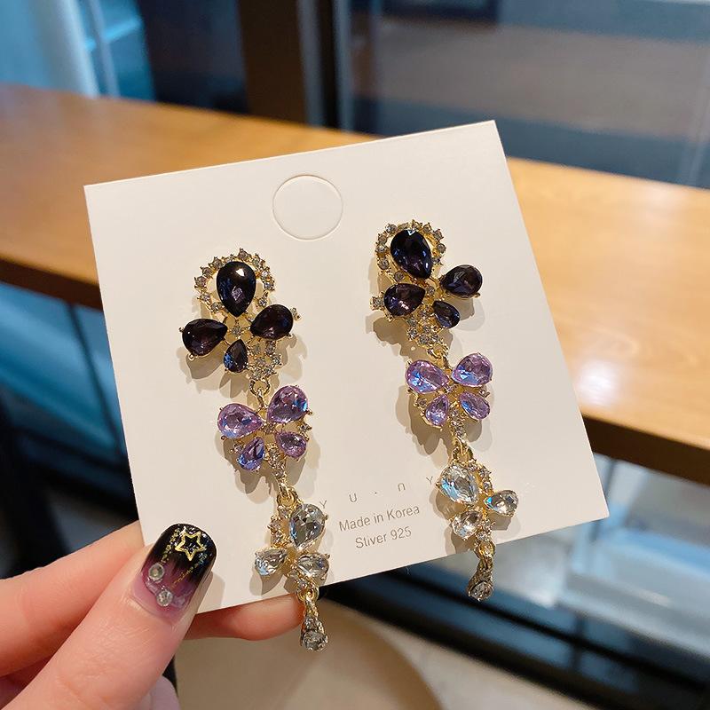 

Korean Purple Rhinestone Love Heart Flower Dangle Earrings Long Water Drop Crystal Jewelry Pendientes For Women Fashion Brincos