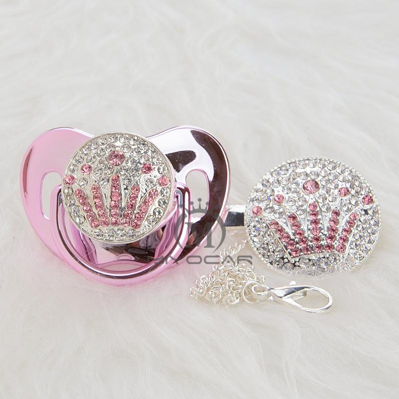 

MIYOCAR silver princess bling blue/pink crown pacifier and pacifier clip set BPA free dummy bling unique design APCG-9-1