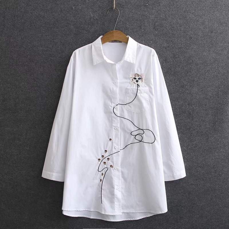 

Size Muslimah Plus Female Blouse with Sleeves Cat Embroidered Long Shirts Vintage to White Line Tops G9hl
