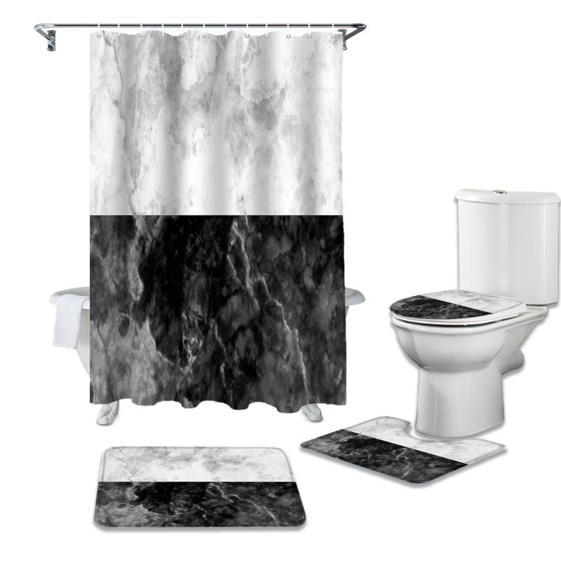 

Bathroom Shower Curtain and Rug Sets White Black Marble Natural Toilet Lid Cover Bath Mat Waterproof Shower Curtains Set