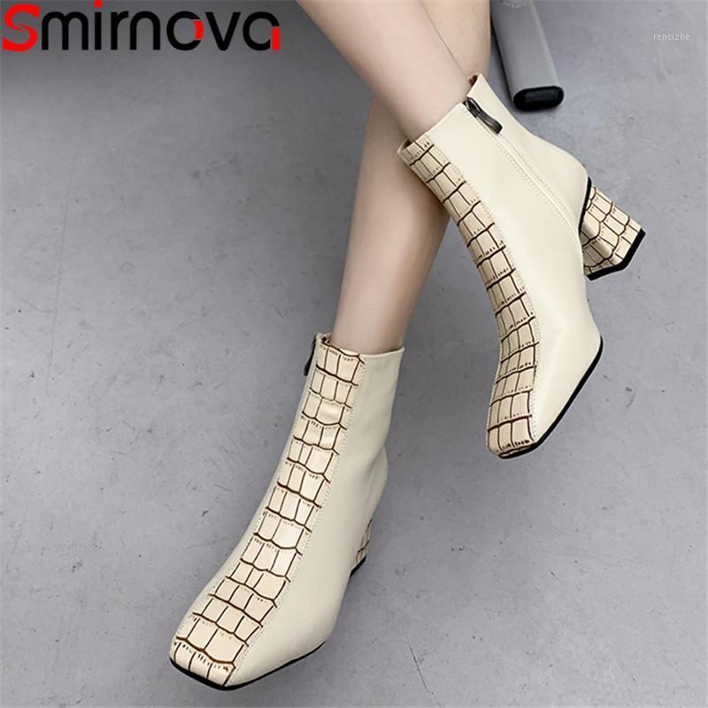 

Smirnova 2020 Genuine leather boots ladies shoes thick high heels square toe mixed colors ankle boots for woman black1, Apricot