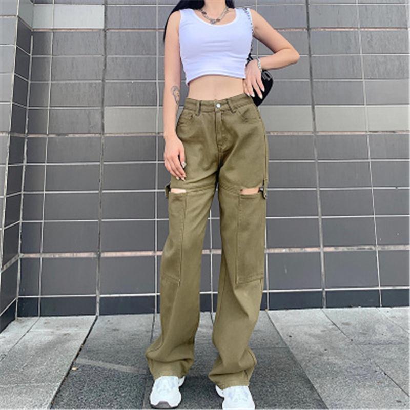 

Ladies High Waist Hollow Jeans Fashion Korean Version Trend Zipper Pocket All-match Straight Pants Designer Autumn Female Casual Loose Jeans, Black