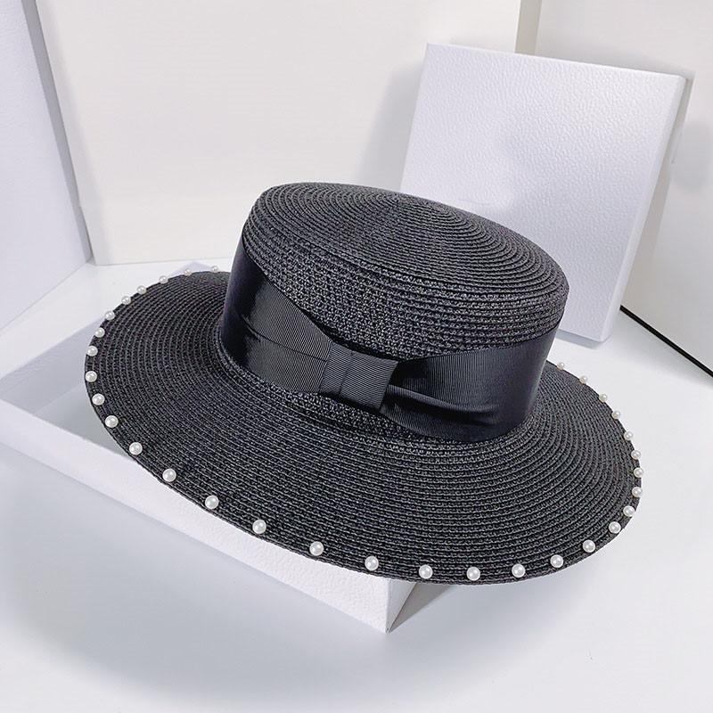 

Leisure Sunscreen British Hats Pearl Flat Top Hats Bow Straw Hats High Quality Wide Brim Beach Hat, 5#